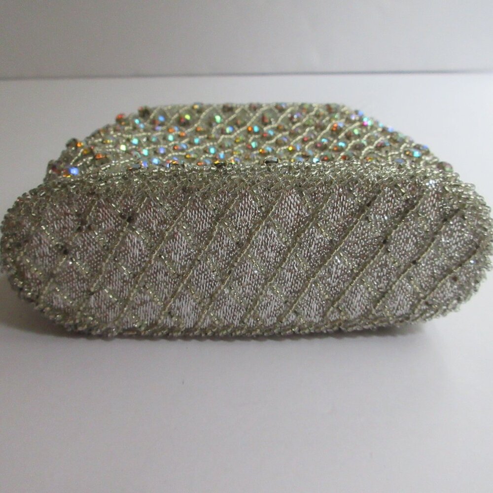Silver Seed Bead AB Rhinestone Evening Bag Purse Metal Frame Kiss Lock Hong Kong - Picture 11 of 16